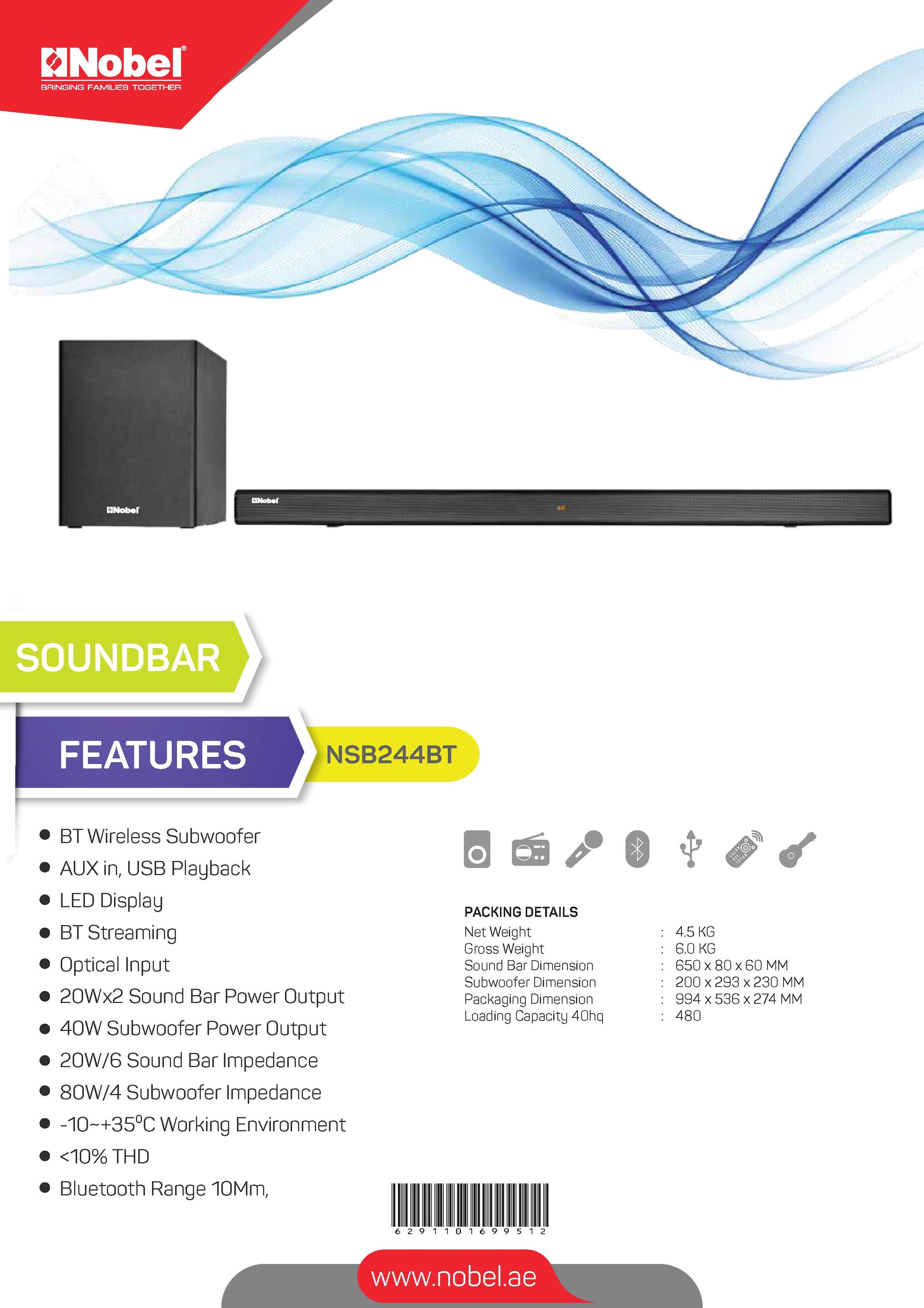 NOBEL Bluetooth Speaker Sound Bar Black NSB244BT-8
