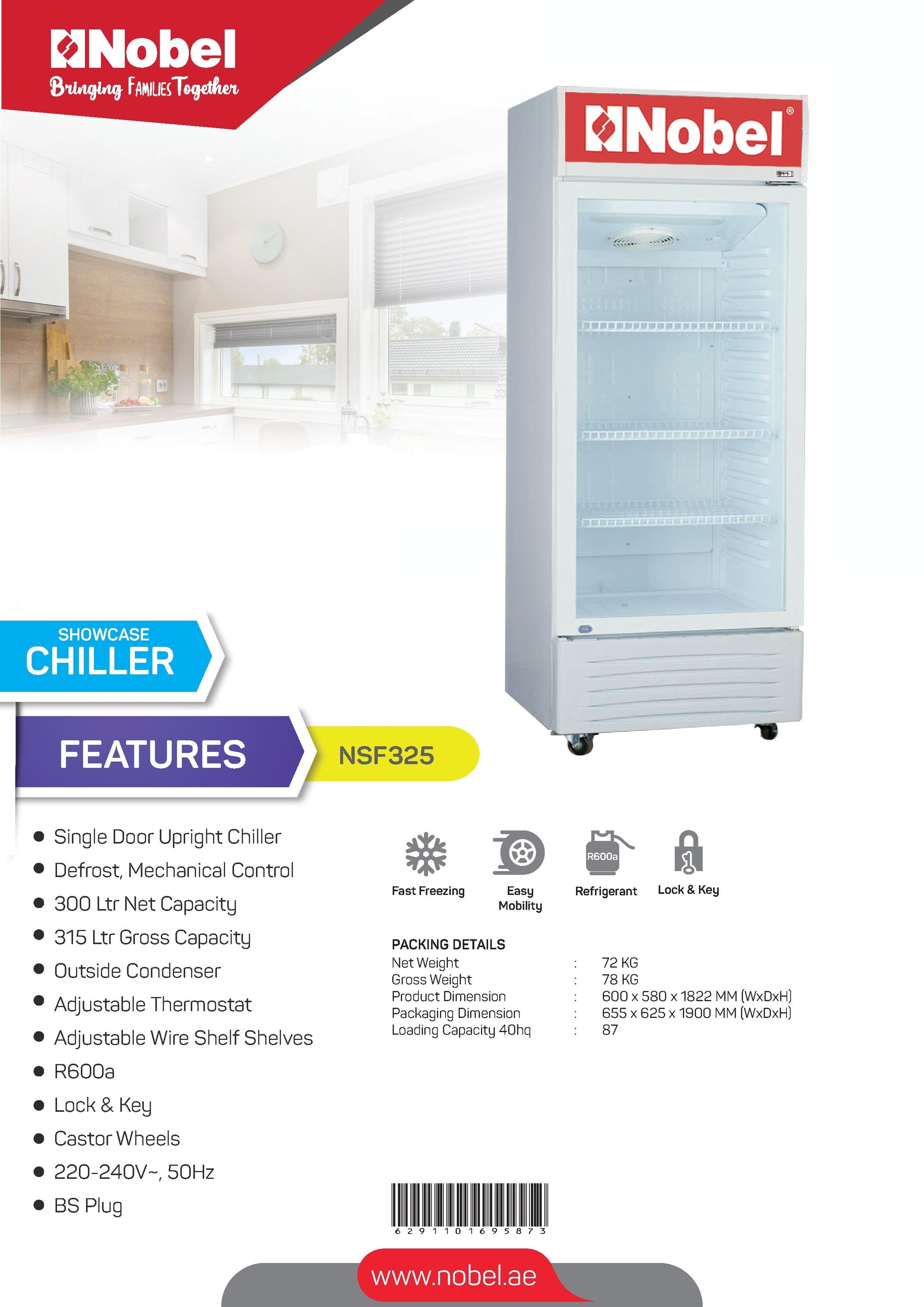 NOBEL Upright Chiller - Single Door White 300 Litres Single Door NSF325-10