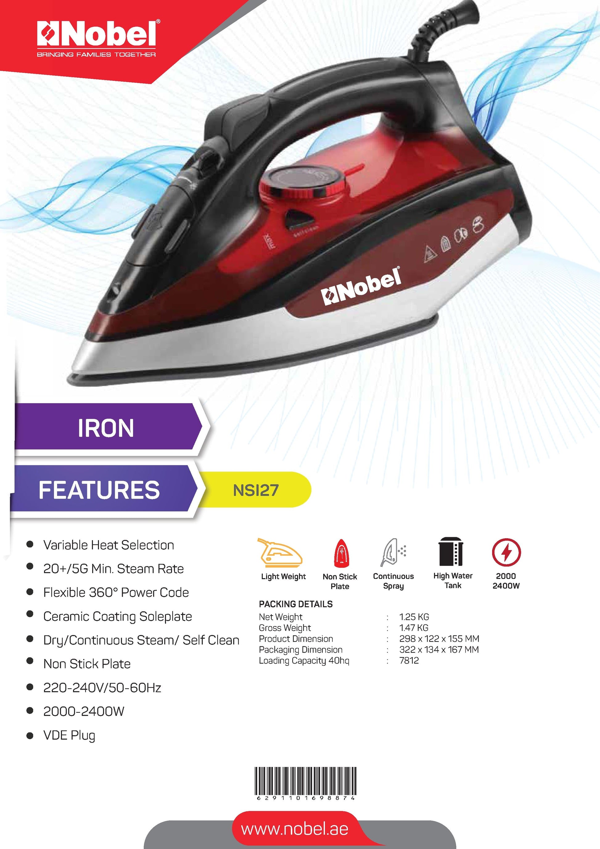 Nobel Steam Press Iron Red Ceramic Sole Plate  NSI27-7