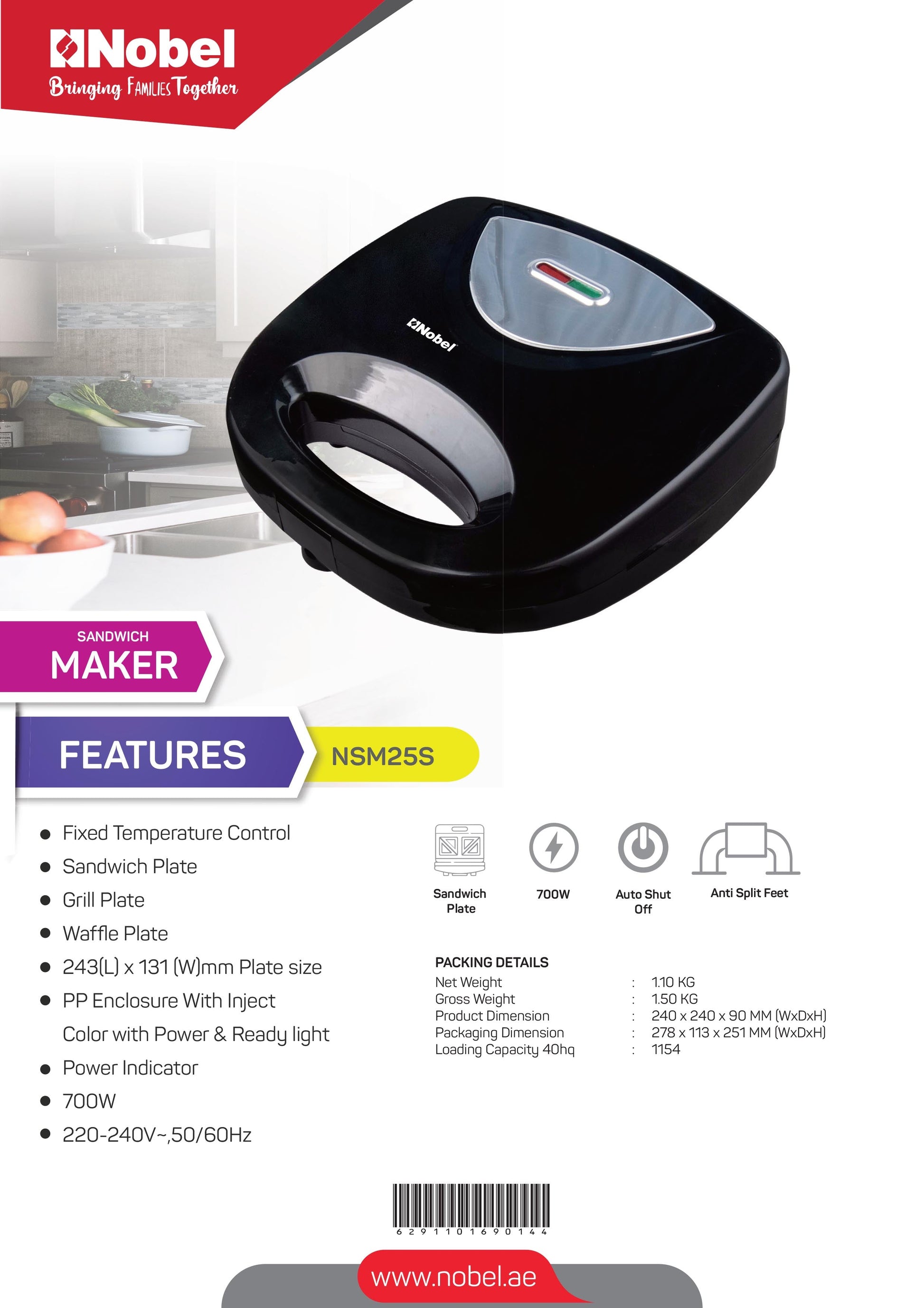 Nobel Sandwich Maker 700W Black/Silver Color NSM25S-8