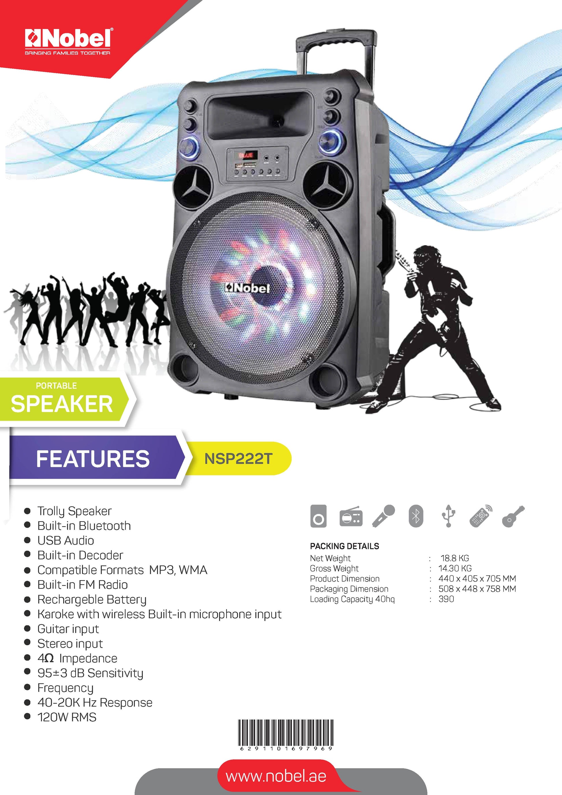 NOBEL Trolley Bluetooth Speaker Black 120W RMS NSP222T-8