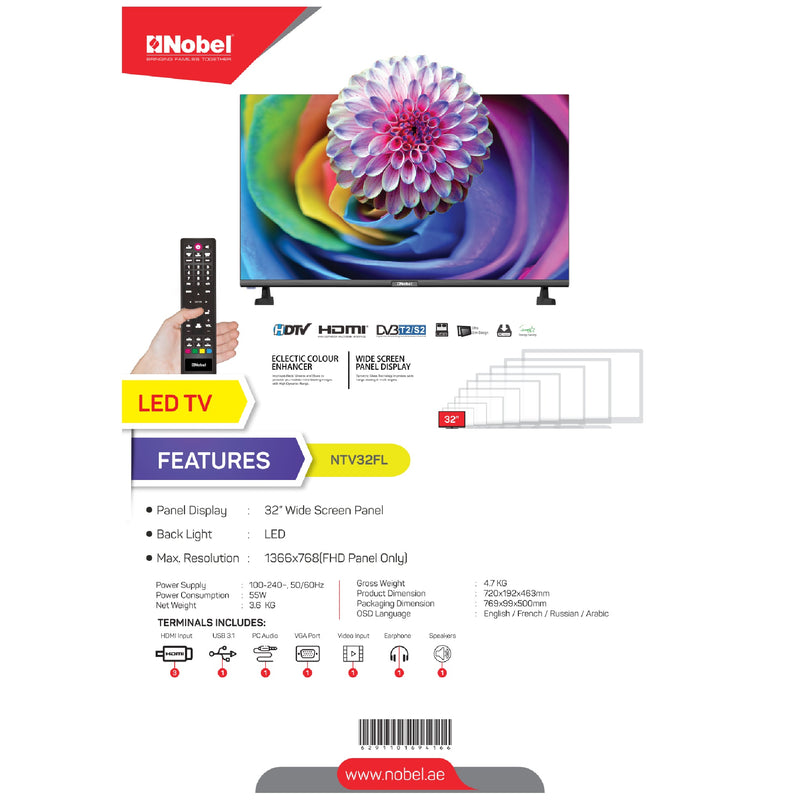 Nobel LED TH 32" Wide Screen Panel 55W 100-240-, 50/60Hz NTV32FL-5