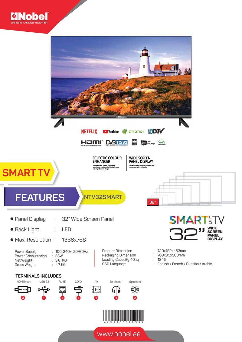 NOBEL LED - Flat Smart Black 32 inch HD Smart DVBT2 NTV32SMART-6