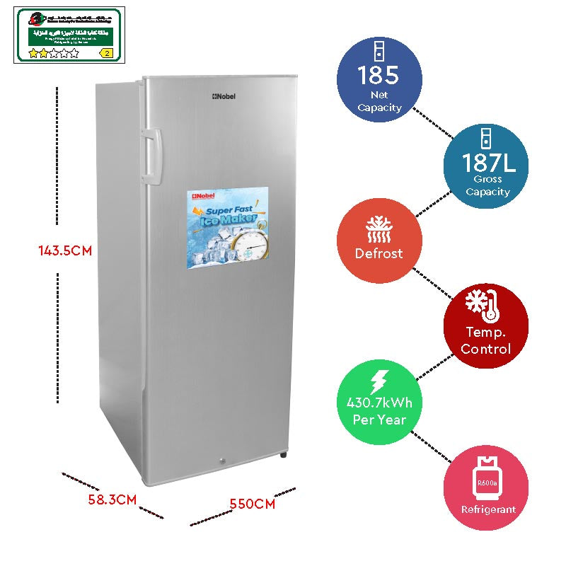 NOBEL Single Door Upright Freezer Defrost 187 Liters NUF300S-5
