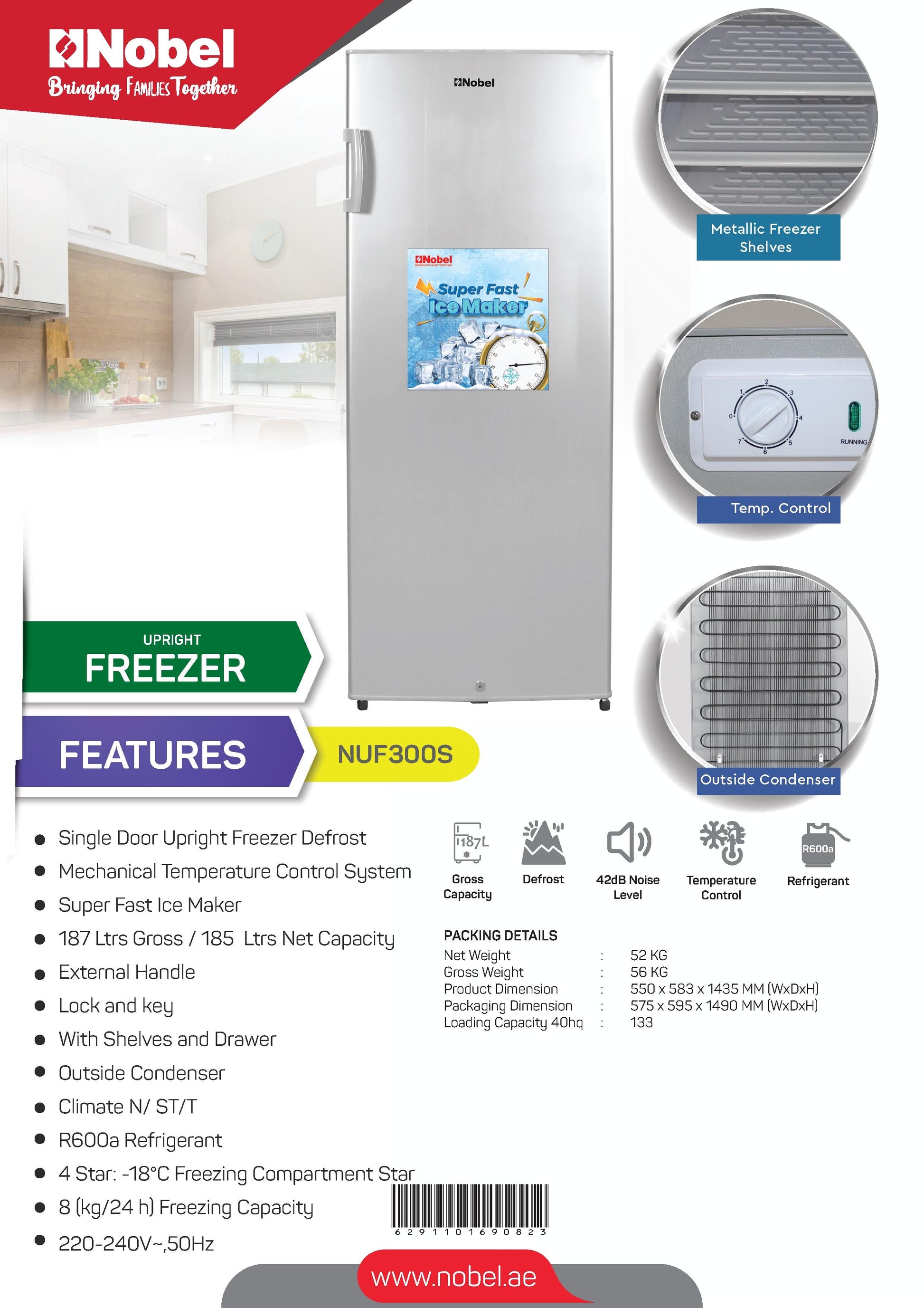 NOBEL Single Door Upright Freezer Defrost 187 Liters NUF300S-9