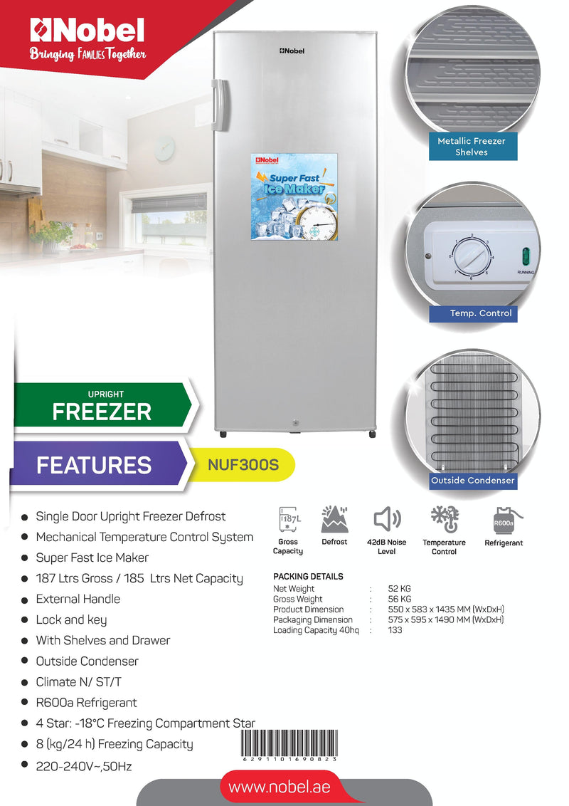 NOBEL Single Door Upright Freezer Defrost 187 Liters NUF300S-9