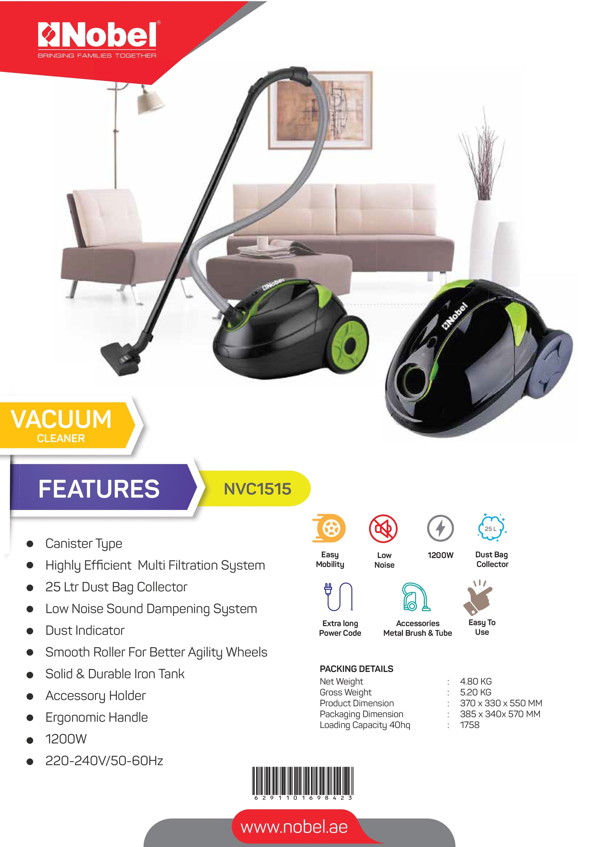Nobel Vacuum Cleaner 25 Litres 1200W Canister Type NVC1515-8