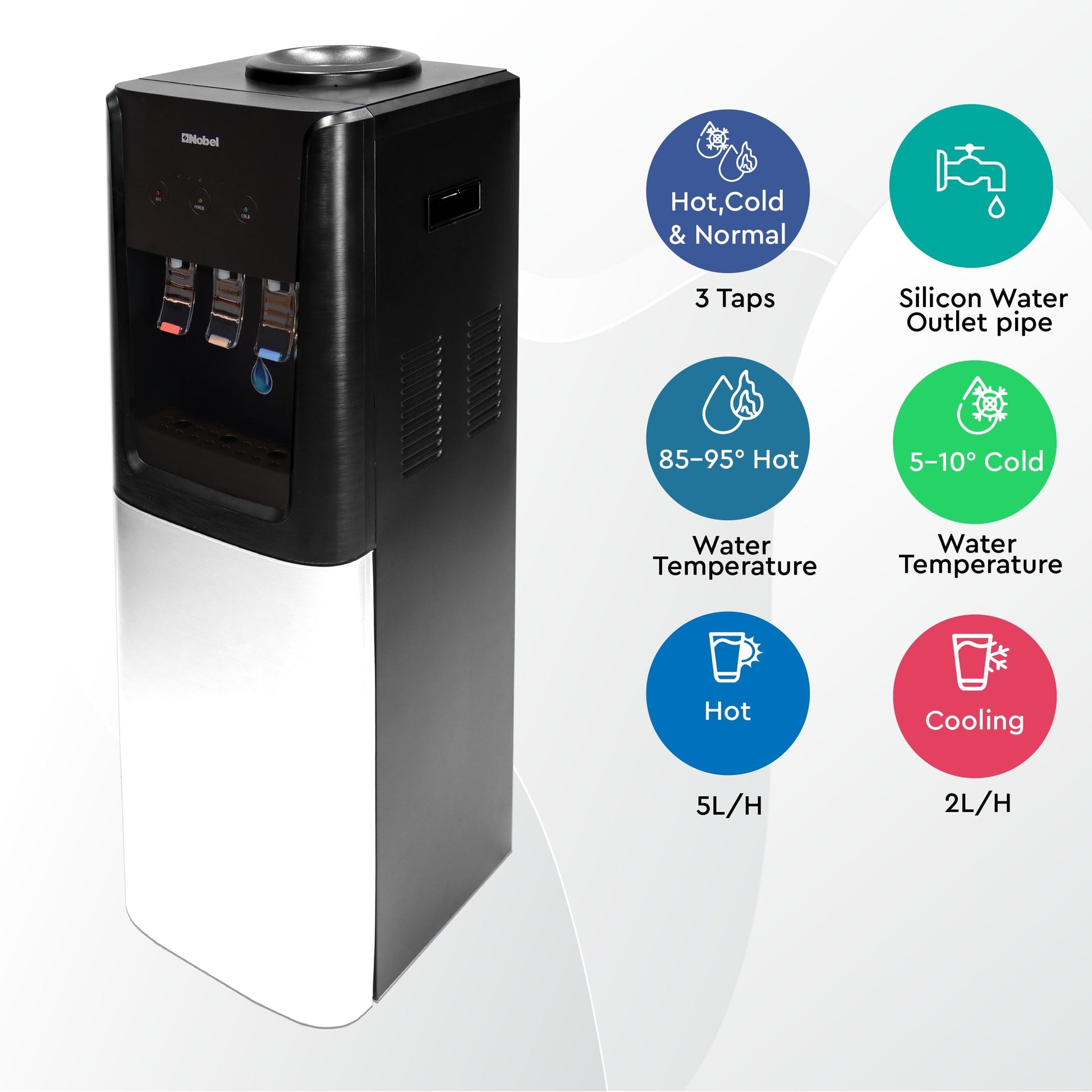 Nobel 3 Tap Top Load Water Dispenser Black and Silver NWD1607-5