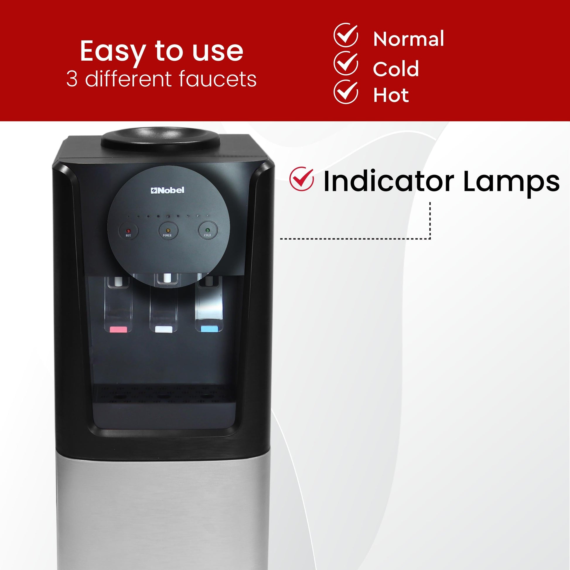 Nobel 3 Tap Top Load Water Dispenser Black and Silver NWD1607-8