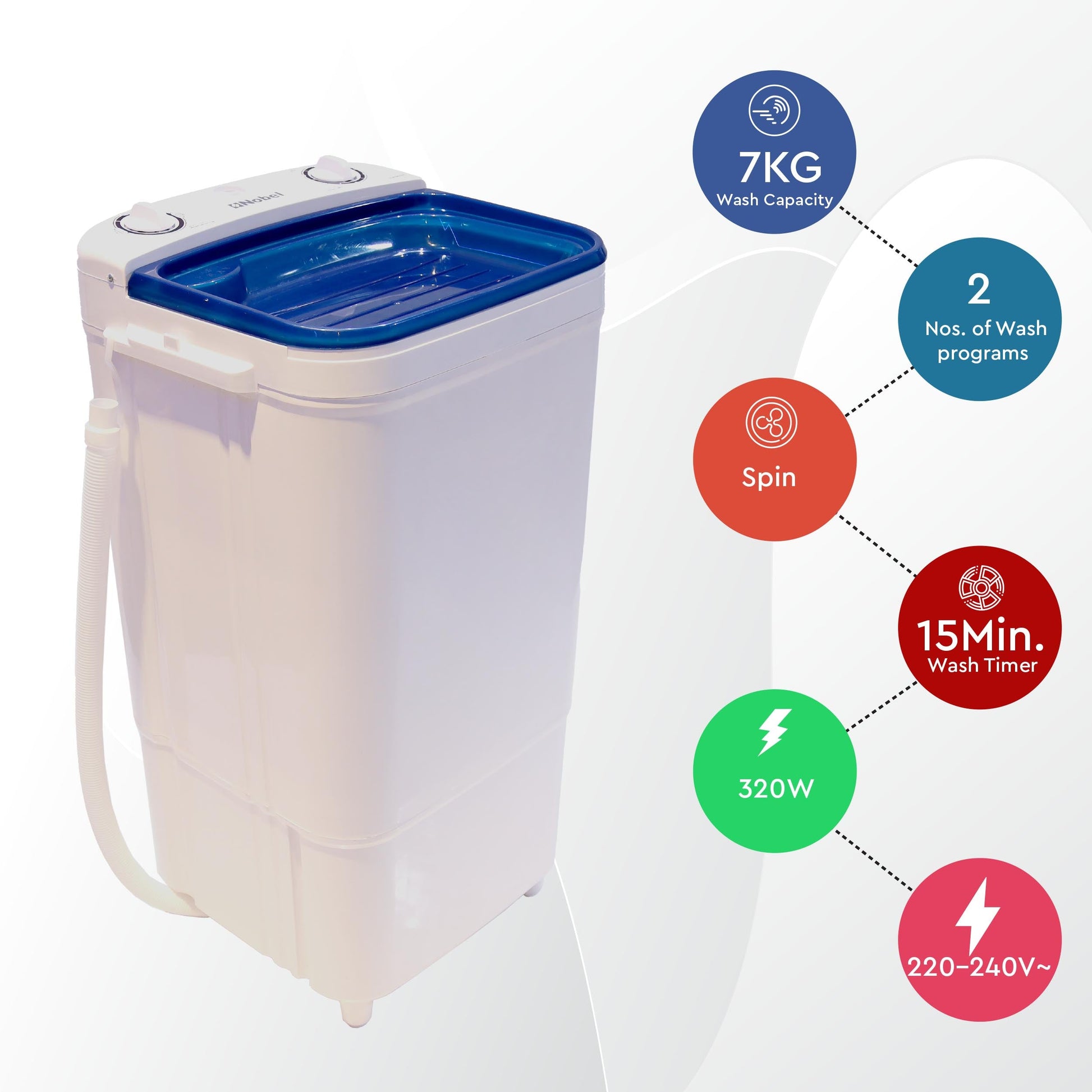 Nobel Single Tub Washing Machine 2 Number Of Wash Programs 7 kg NWM890 White-3