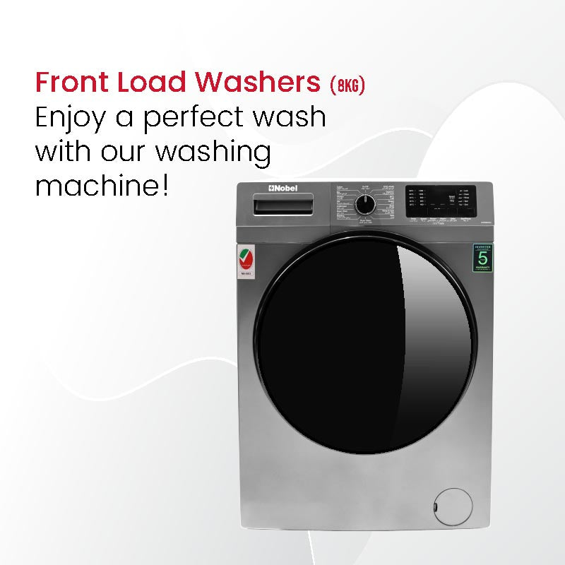Nobel Front Load Washers Dark Silver 8Kg 1200Rpm Stainless Steel Drum Inverter Led Display NWM960RH-1
