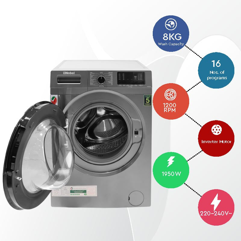 Nobel Front Load Washers Dark Silver 8Kg 1200Rpm Stainless Steel Drum Inverter Led Display NWM960RH-3