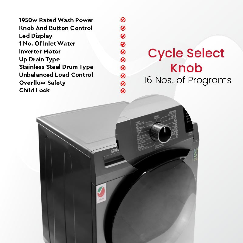 Nobel Front Load Washers Dark Silver 8Kg 1200Rpm Stainless Steel Drum Inverter Led Display NWM960RH-4