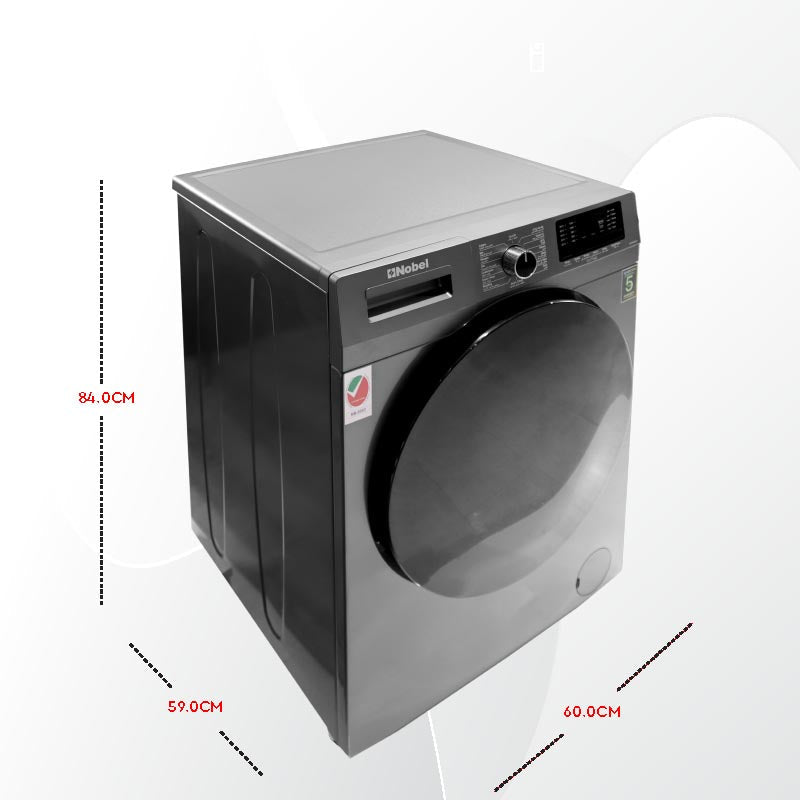 Nobel Front Load Washers Dark Silver 8Kg 1200Rpm Stainless Steel Drum Inverter Led Display NWM960RH-5