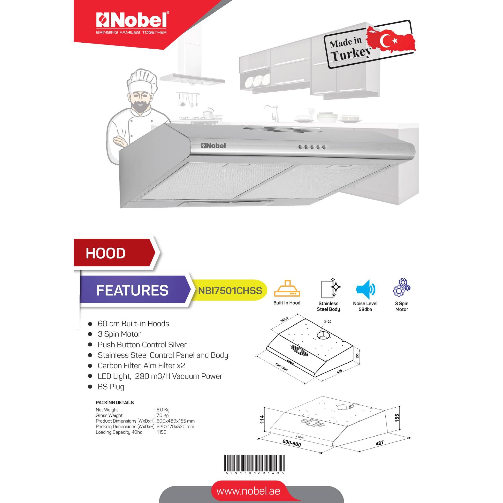 NOBEL Builtin - Hoods Stainless Steel 60cm NBI7501CHSS-4