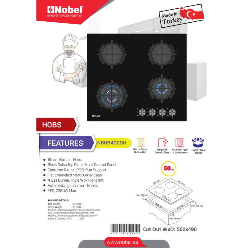 NOBEL Built-in - Hobs Glass Black 60cm 4 Gas Burner NBH6402GH-2
