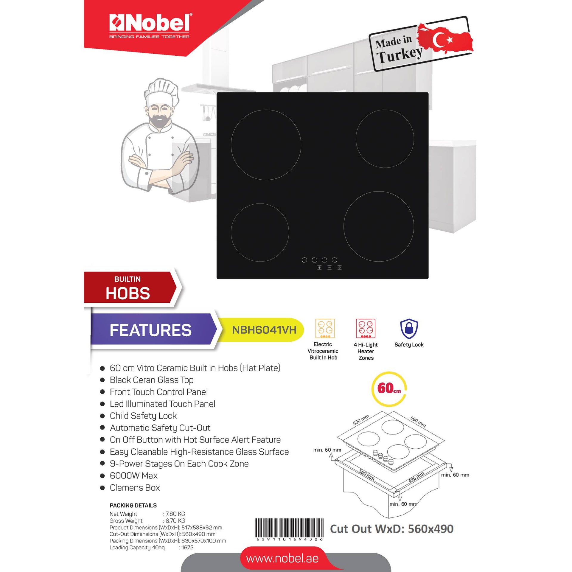 NOBEL Builtin - Hobs Glass Black 60cm Vitro Ceramic Hob NBH6041VH