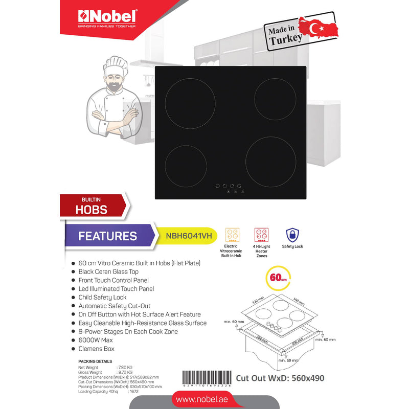 NOBEL Builtin - Hobs Glass Black 60cm Vitro Ceramic Hob NBH6041VH-2