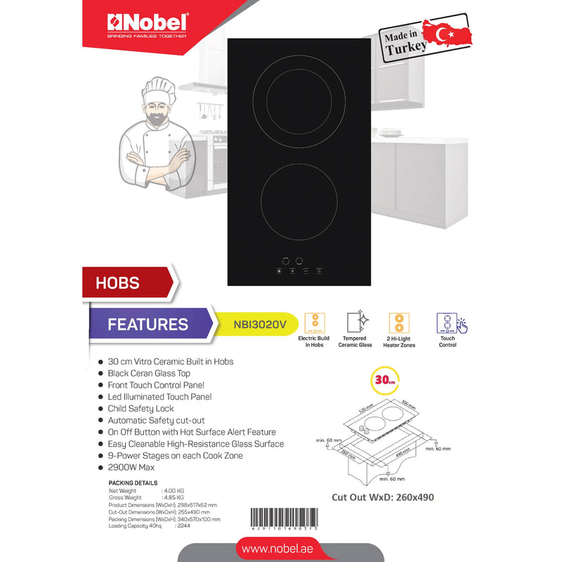 NOBEL Builtin - Hobs Glass Black 30cm Vitro Ceramic Hob NBI3020V-2