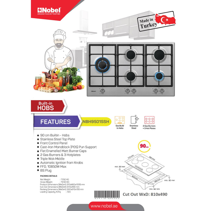 NOBEL Built-in - Hobs Stainless Steel 90cm 5 Gas Burners NBH9501SSH-2