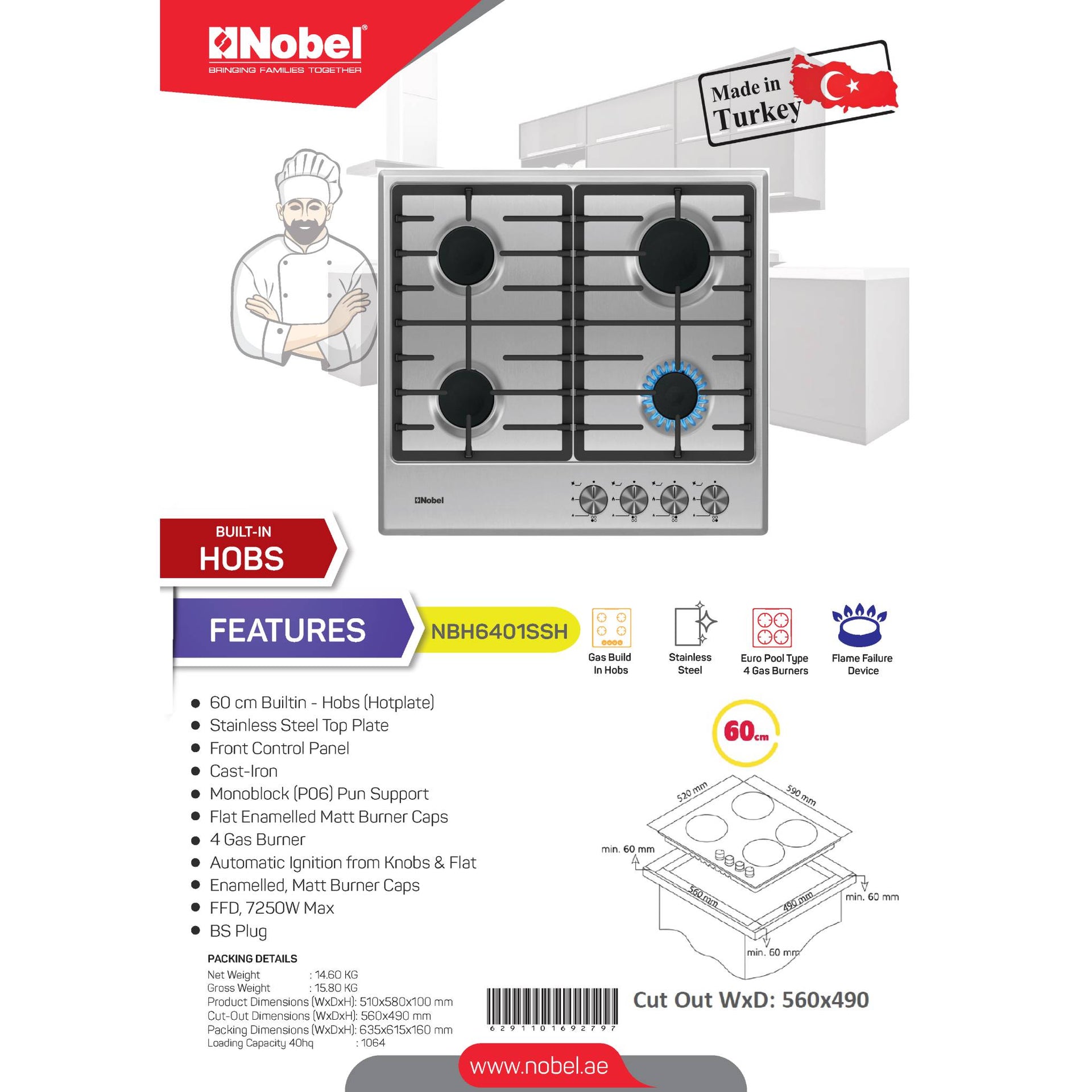 NOBEL Built-in - Hobs Stainless Steel 60cm 4 Gas Burner NBH6401SSH
