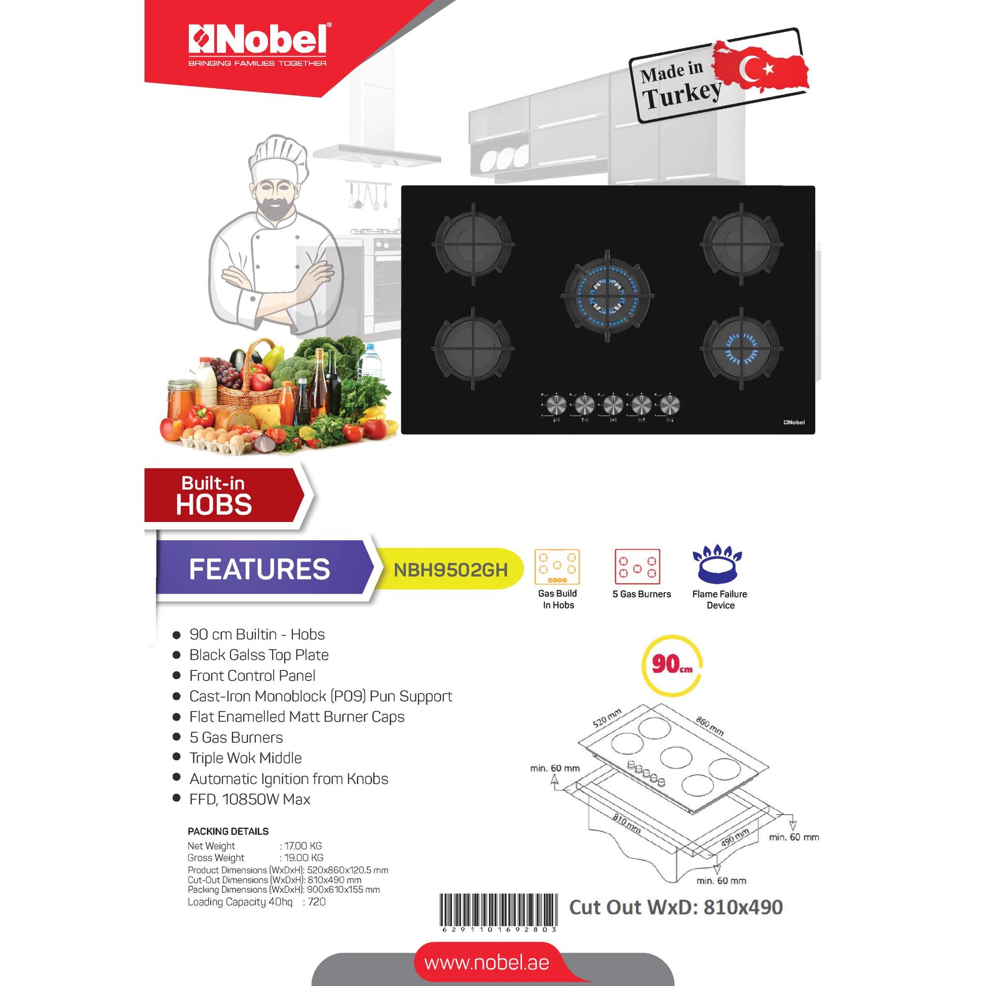 NOBEL Built-in - Hobs Glass Black 90cm 5 Gas Burners NBH9502GH-2
