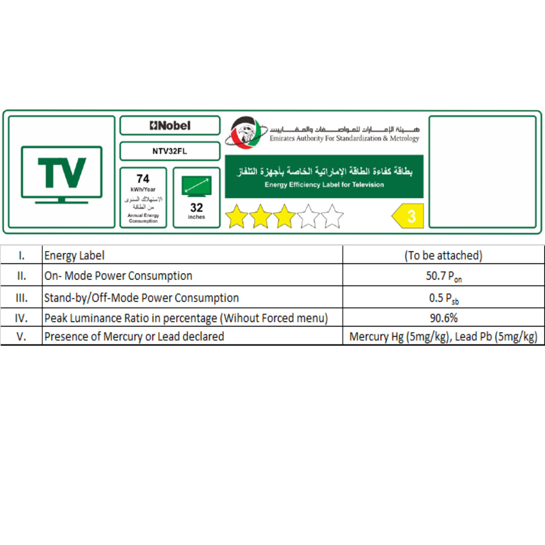 Nobel LED TH 32" Wide Screen Panel 55W 100-240-, 50/60Hz NTV32FL-6
